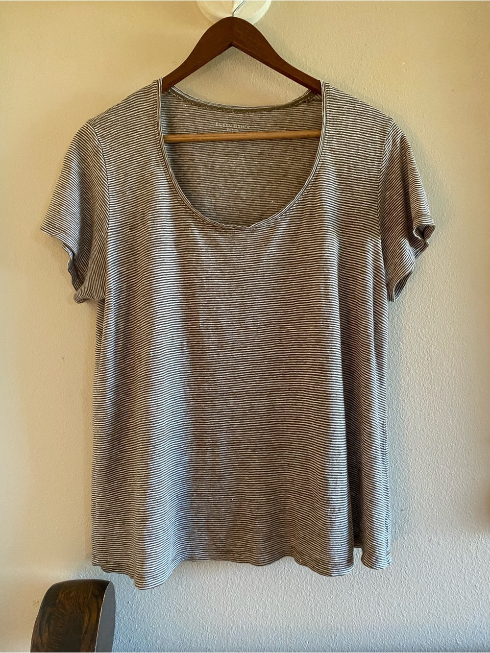 Eileen Fisher 100% Linen Pin Striped Slub Knit T Shirt Top S